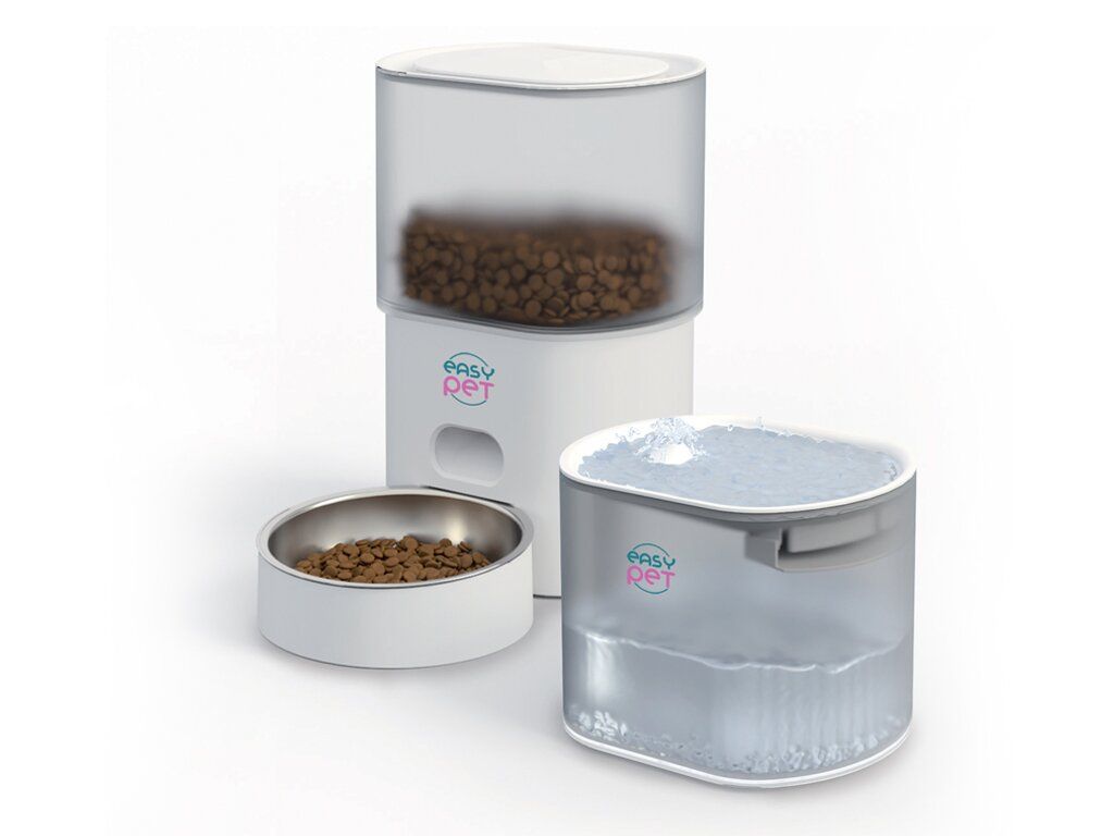Distributore automatico di cibo e fontanella. Bianco e trasparente. Distributore con cibo. Fontanella con acqua. Logo EASY PET.