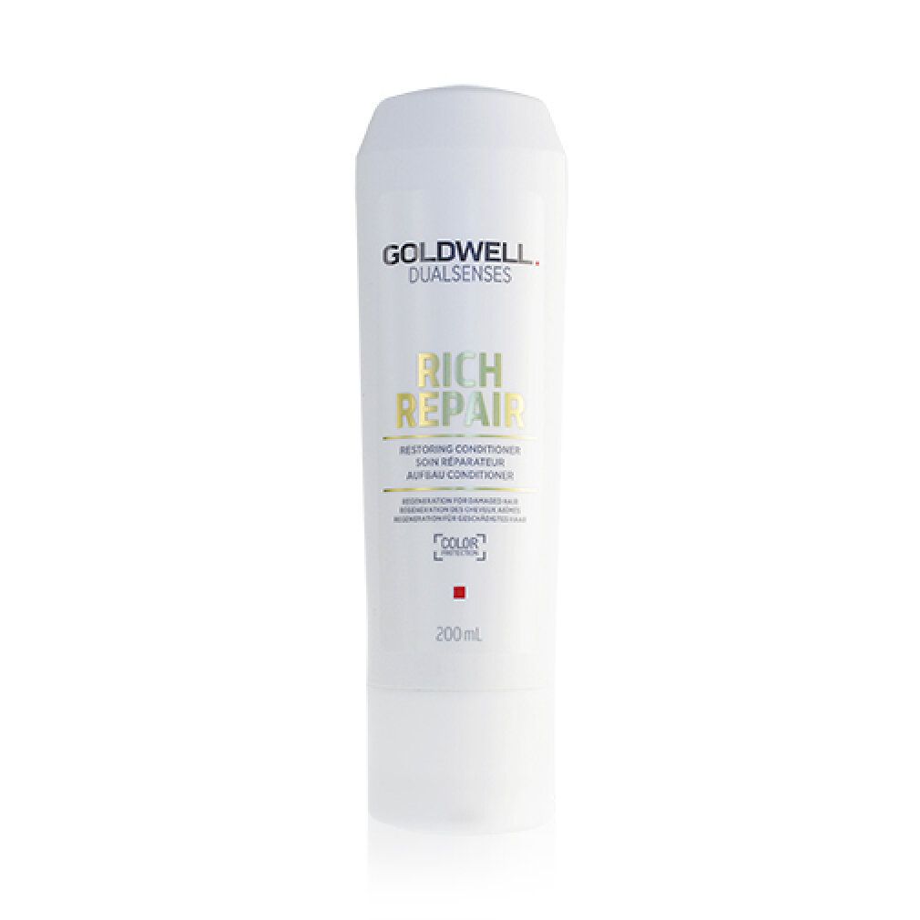 Weiße Flasche Goldwell Dualsenses Rich Repair Conditioner. Text: Rich Repair, Restoring Conditioner, 200ml.