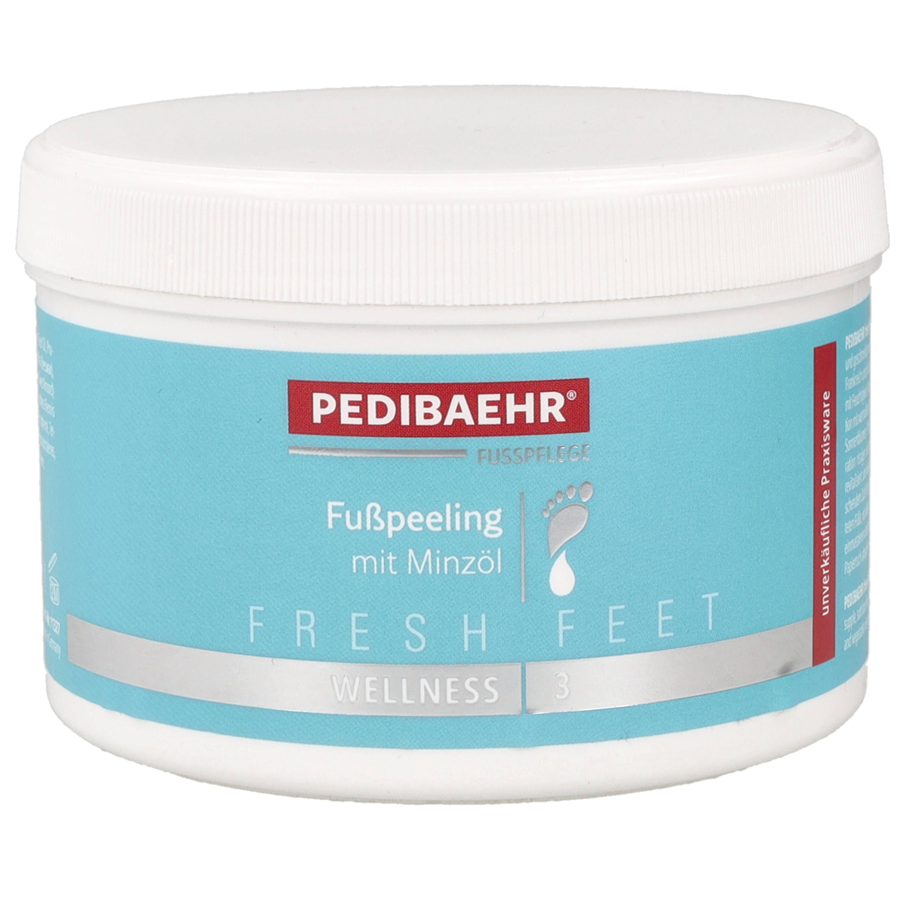 Pedibaehr Fresh Feet Fußpeeling mit Minzöl. Weißer Tiegel mit türkisfarbenem Etikett.