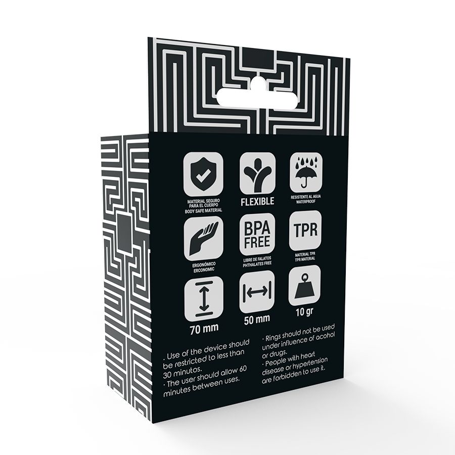 Schwarze Verpackung mit weißen Symbolen und Text. Enthält Informationen zu Material, Flexibilität und Größe. Maße: 70 mm x 50 mm.