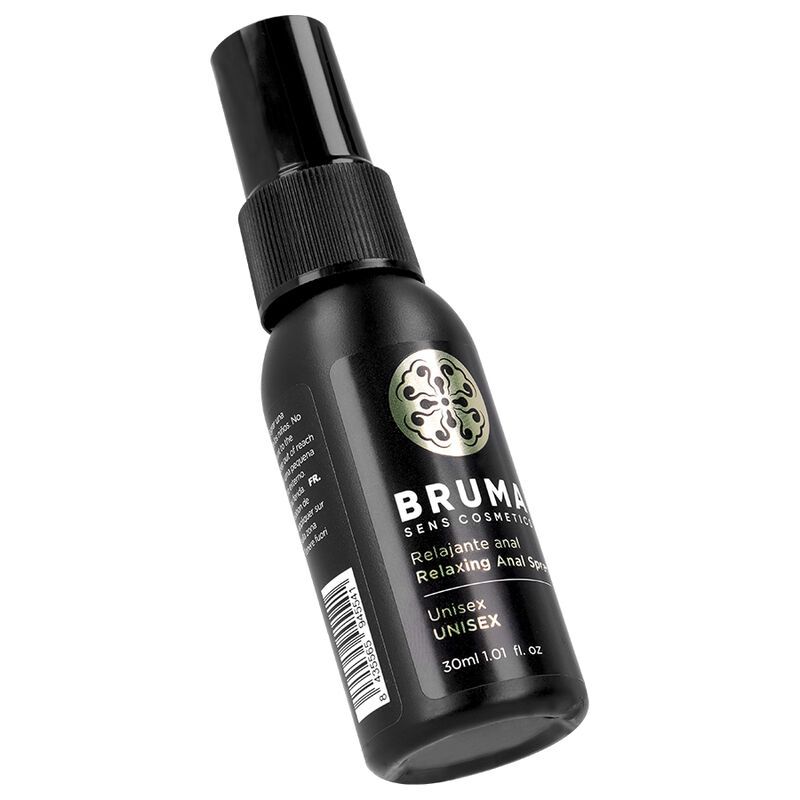 Schwarze Sprühflasche mit Bruma Sens Cosmetics Logo und Text 'Relaxing Anal Spray Unisex'. 30ml.