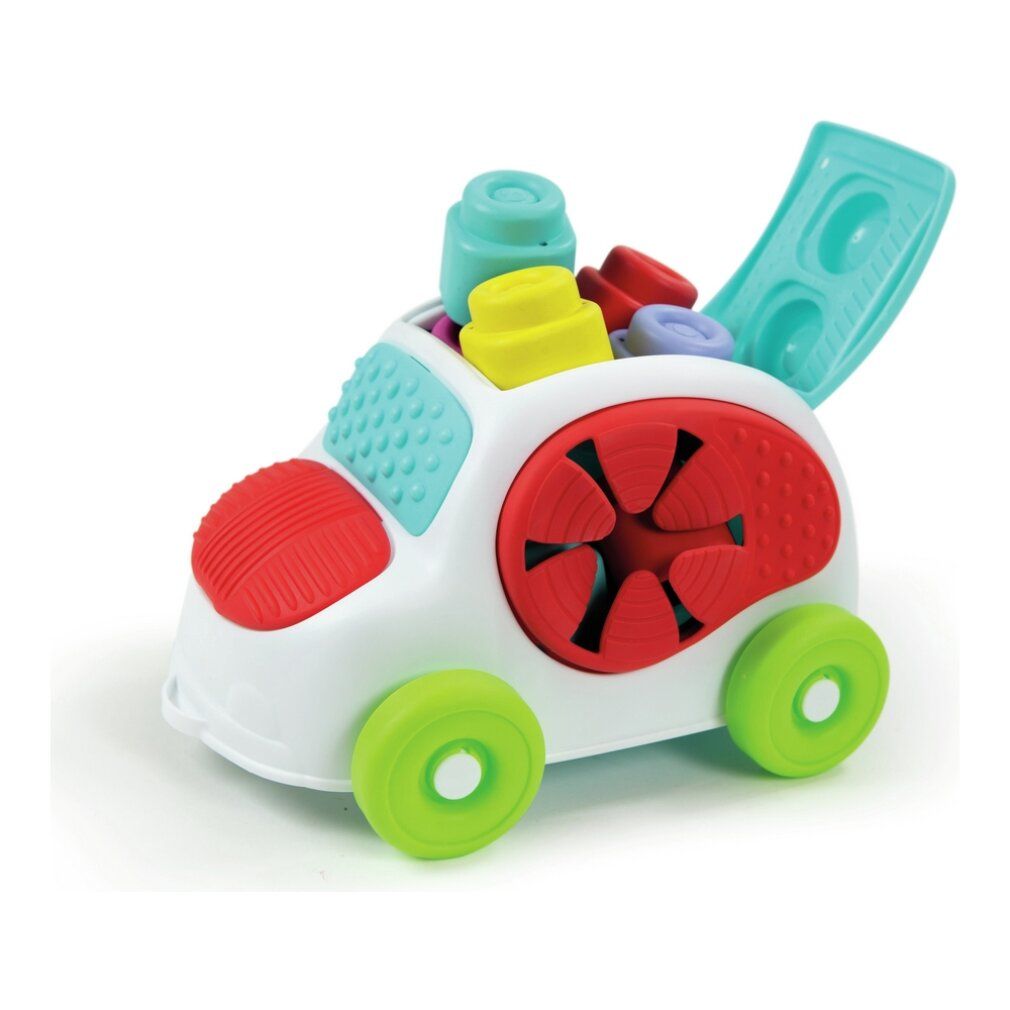 Weißes Spielzeugauto mit bunten Elementen und weichen Blöcken. Dach geöffnet.