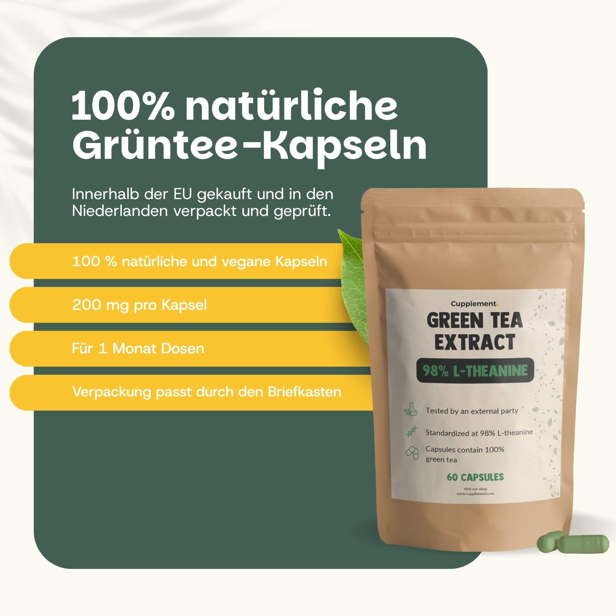 Braune Tüte mit grünen Kapseln. Text: Green Tea Extract, 98% L-Theanin, 60 Kapseln. Kundenbewertungen.
