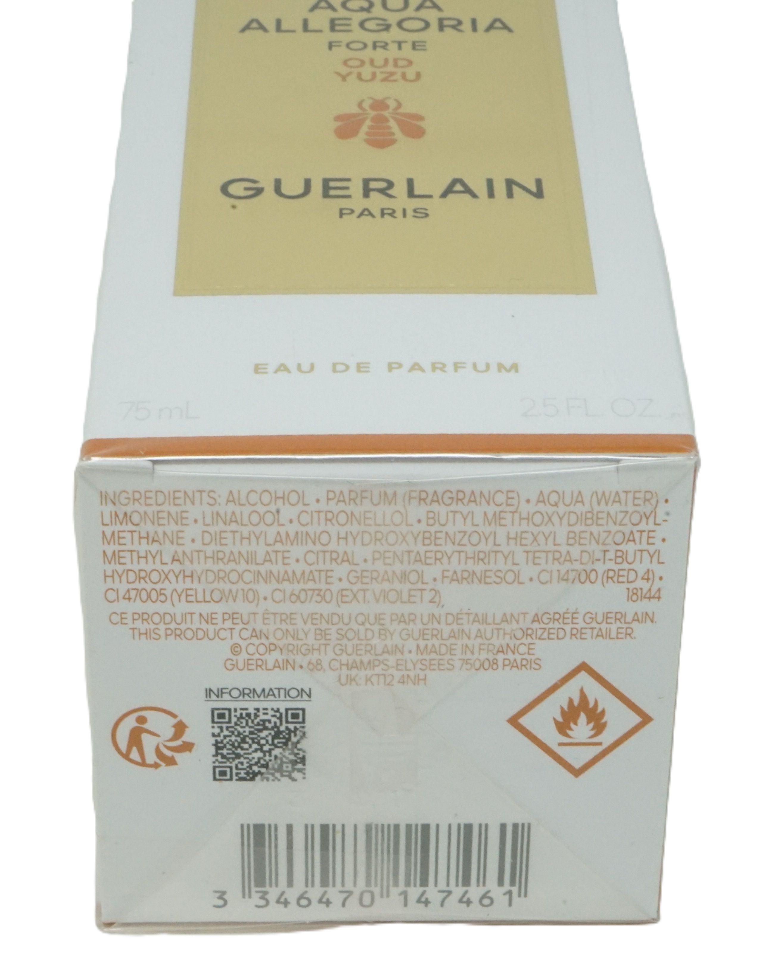 Unterseite der Verpackung mit Inhaltsstoffen, QR-Code, Warnsymbol und Barcode. 75 ml, 2.5 FL. OZ.