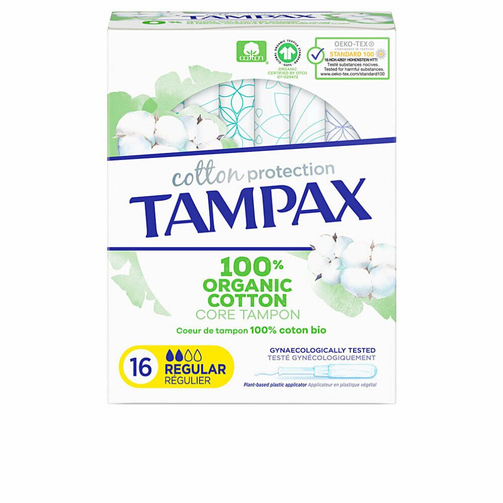 Verpackung mit Tampons. Marke TAMPAX, 100% Bio-Baumwolle, 16 Stück. Mit Zertifizierungen und Produktinformationen.