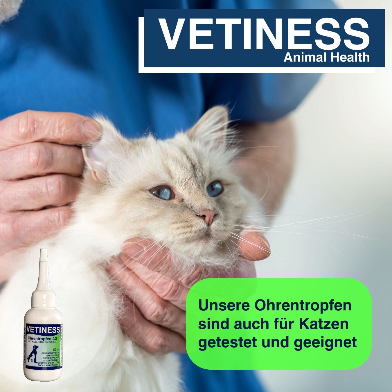 Hände halten Katze. Produktflasche im Bild. Text: Unsere Ohrentropfen sind auch für Katzen getestet und geeignet.