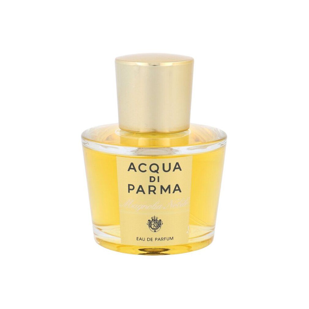 Parfümflakon mit goldfarbenem Verschluss. Auf dem Etikett steht ACQUA DI PARMA Magnolia Nobile Eau de Parfum.