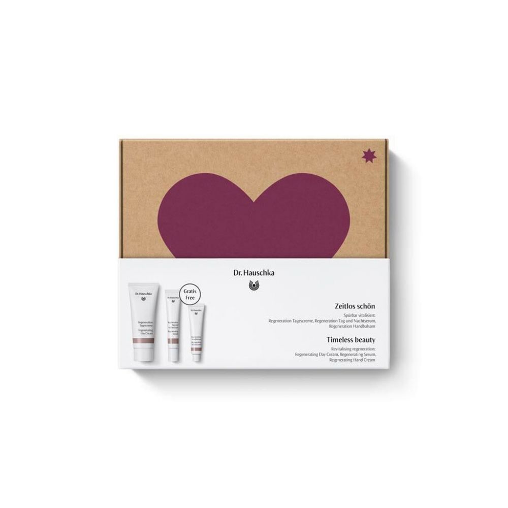 Geschenkset mit Kosmetikprodukten. Karton mit Herz-Design. Produkte mit Schriftzug "Dr. Hauschka".