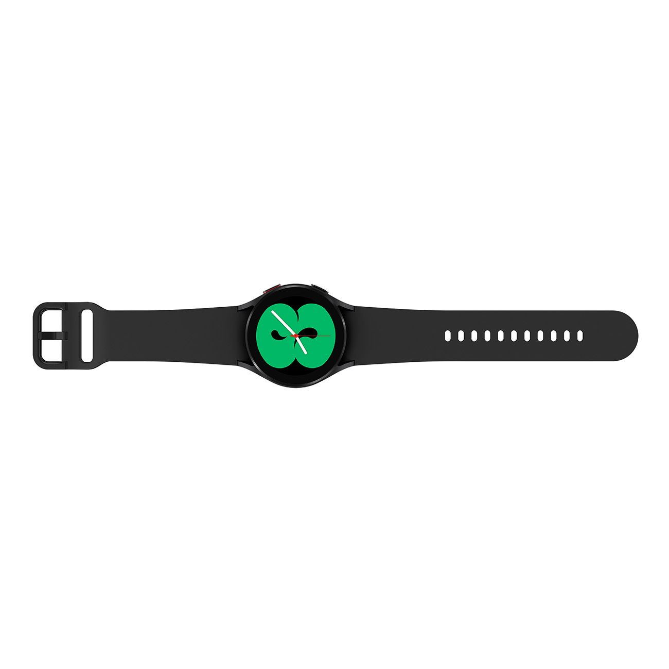 Schwarze Smartwatch mit schwarzem Armband. Rundes Zifferblatt mit grünem Ziffer 8. Geschlossene Armbandschließe.