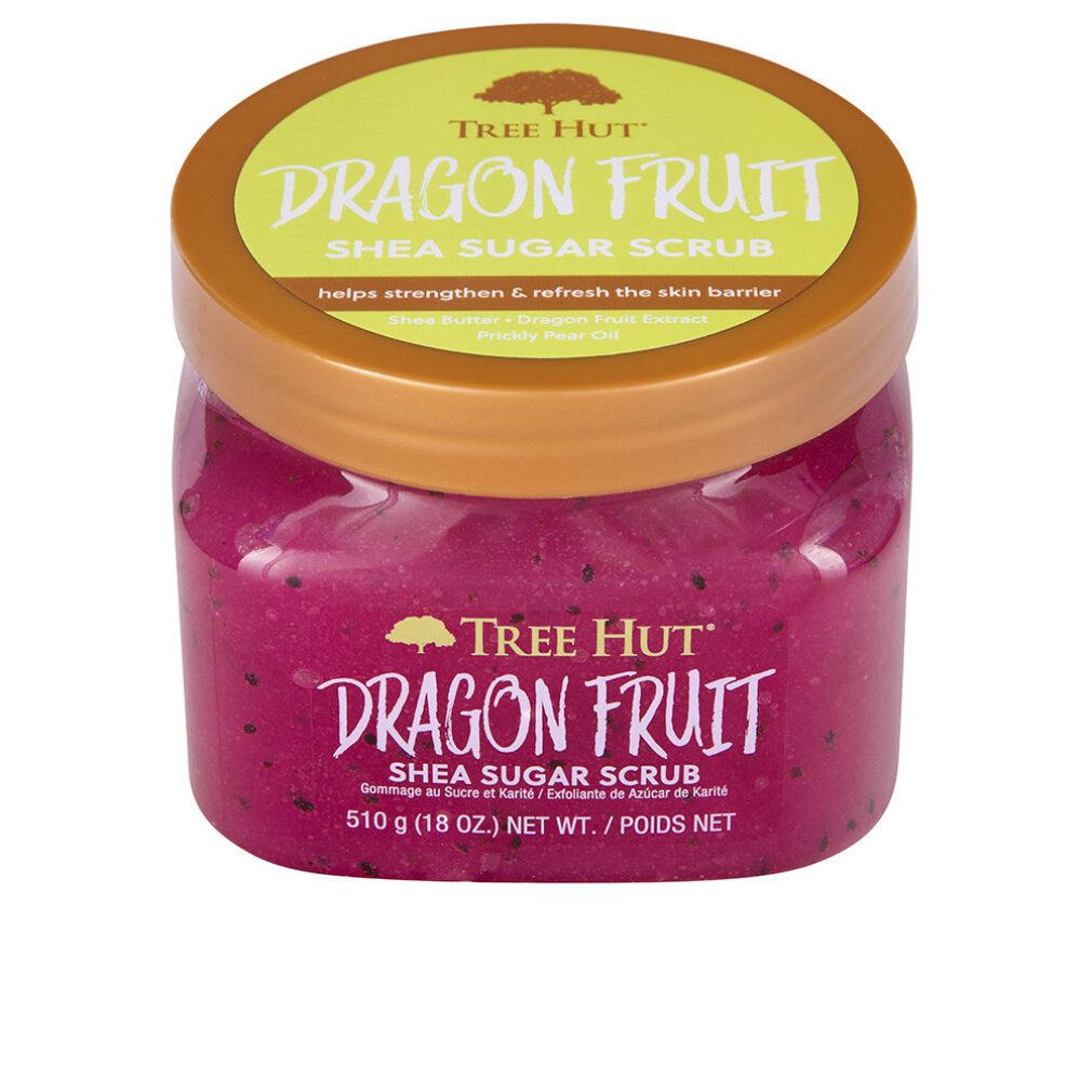 Drachenfrucht Shea Zuckerpeeling in einem durchsichtigen Behälter mit orangefarbenem Deckel. Der Inhalt ist pink mit schwarzen Samen.