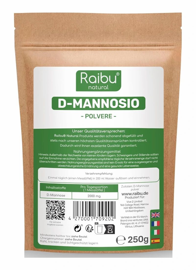 Busta di polvere di D-Mannosio RAIBU. Stampa con informazioni sul prodotto e valori nutrizionali. 250g.