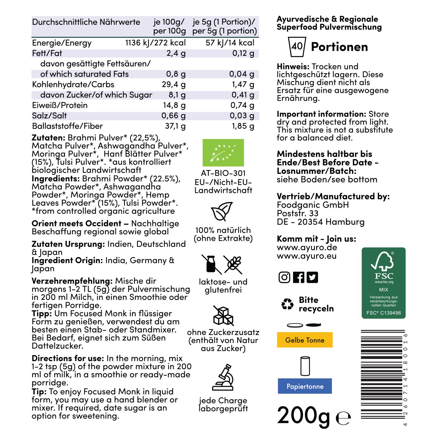 Nährwerttabelle und Zutatenliste. Angaben pro 100g und Portion. Bio-Siegel, FSC-Logo. Herstelleradresse. 200g.