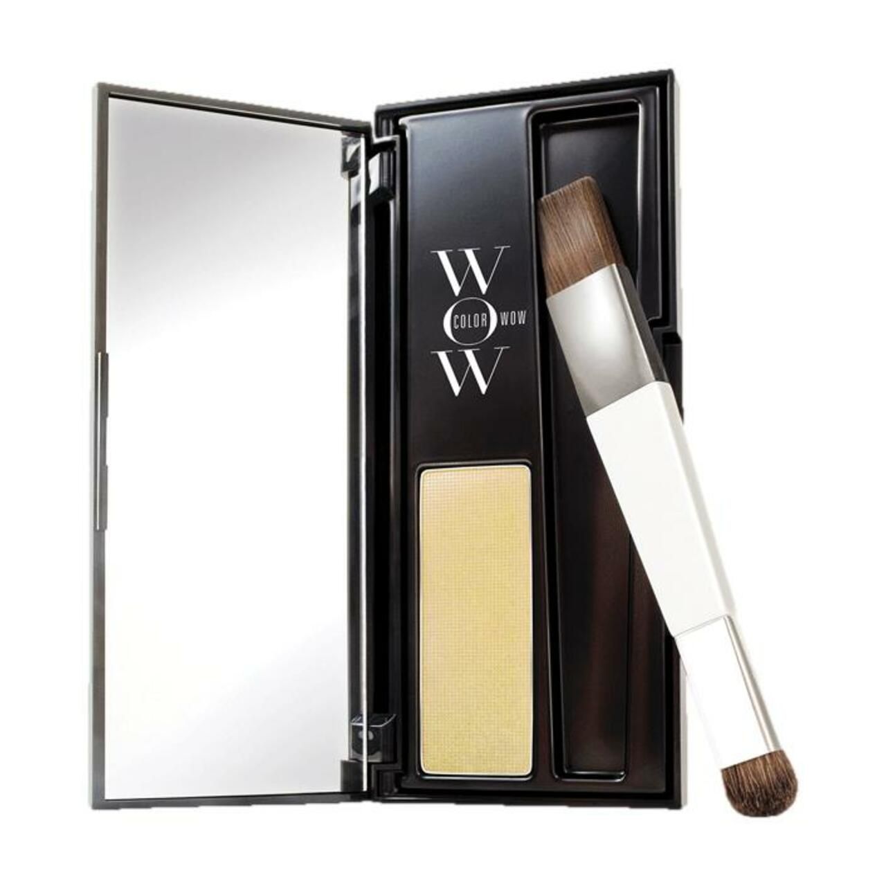 Color Wow Root Cover Up-Palette, Blond. Schwarze Palette mit Spiegel und Pinsel. Enthält Puder. Markenlogo sichtbar.