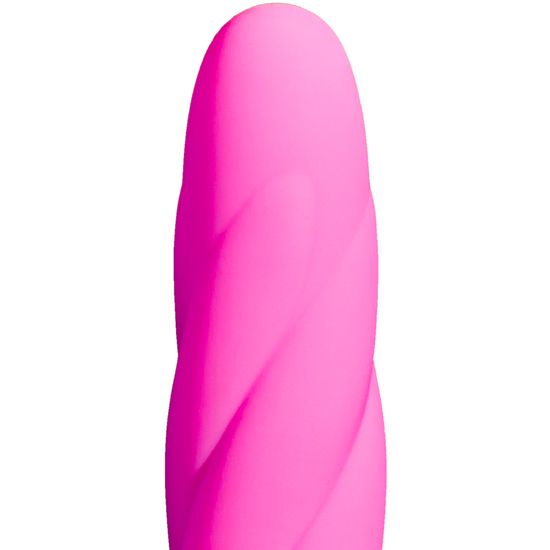 Nahaufnahme eines rosa Vibrators mit gedrehter Form. Die Spitze ist abgerundet.
