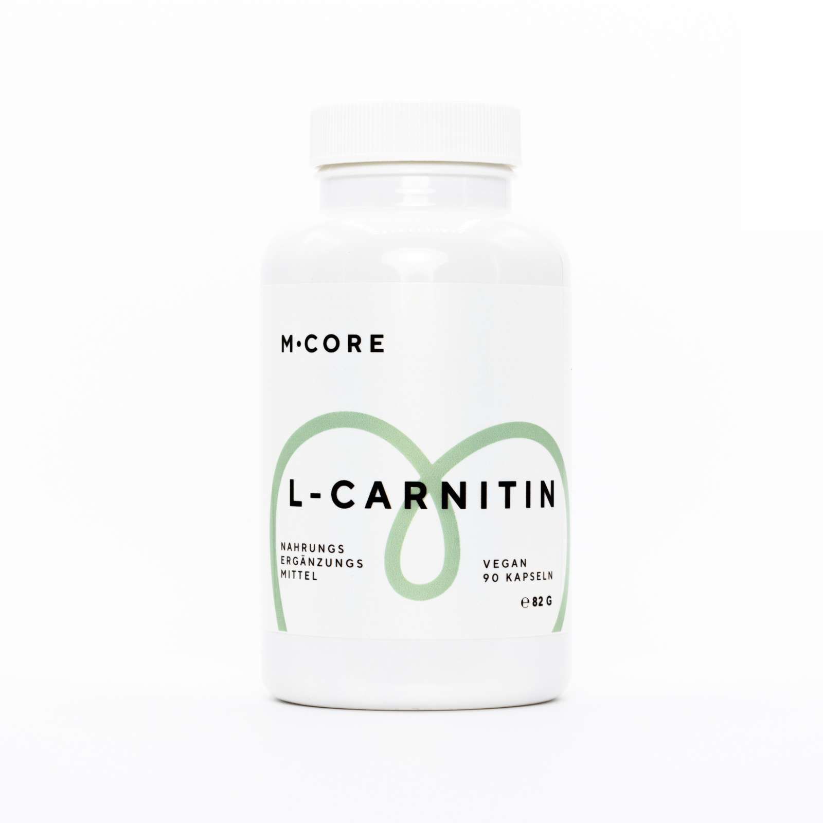 Weiße Flasche mit M-Core L-Carnitin. Aufschrift: L-Carnitin, Nahrungsergänzungsmittel, vegan, 90 Kapseln.