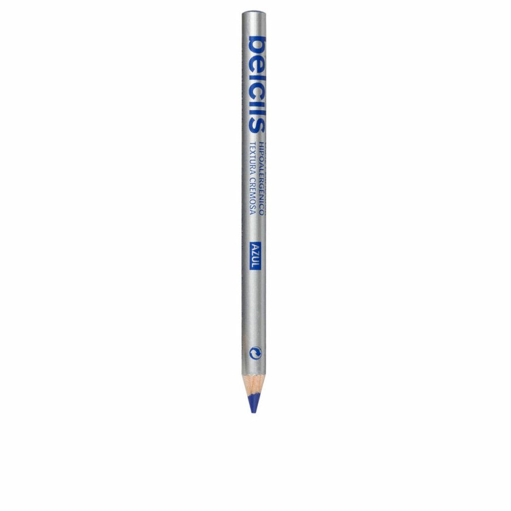 Ein einzelner Bleistift mit silberfarbenem Schaft und blauer Spitze. Blaue Schriftzüge.