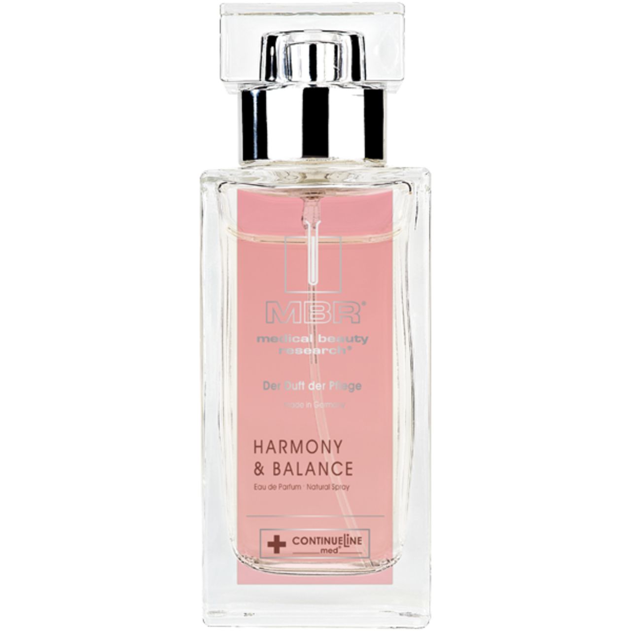 Glasflakon mit silbernem Zerstäuber. Rosa Flüssigkeit. Aufschrift: MBR, Harmony & Balance, Eau de Parfum. Mit Logo.