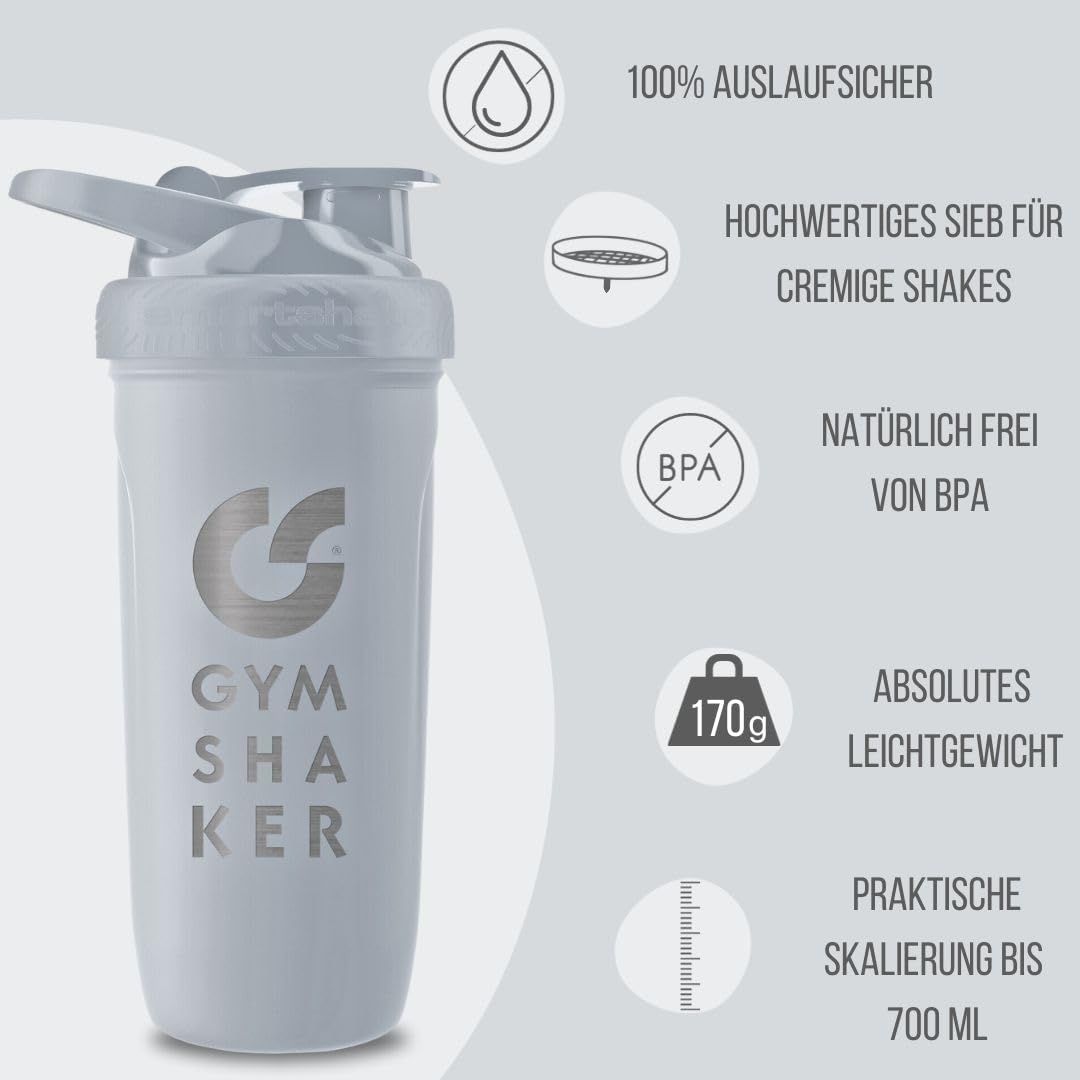 GYMSHAKER Shaker per proteine con scomparto per polvere proteica 600 + 150 ml - con setaccio con struttura a nido d'ape per shake cremosi - Bianco