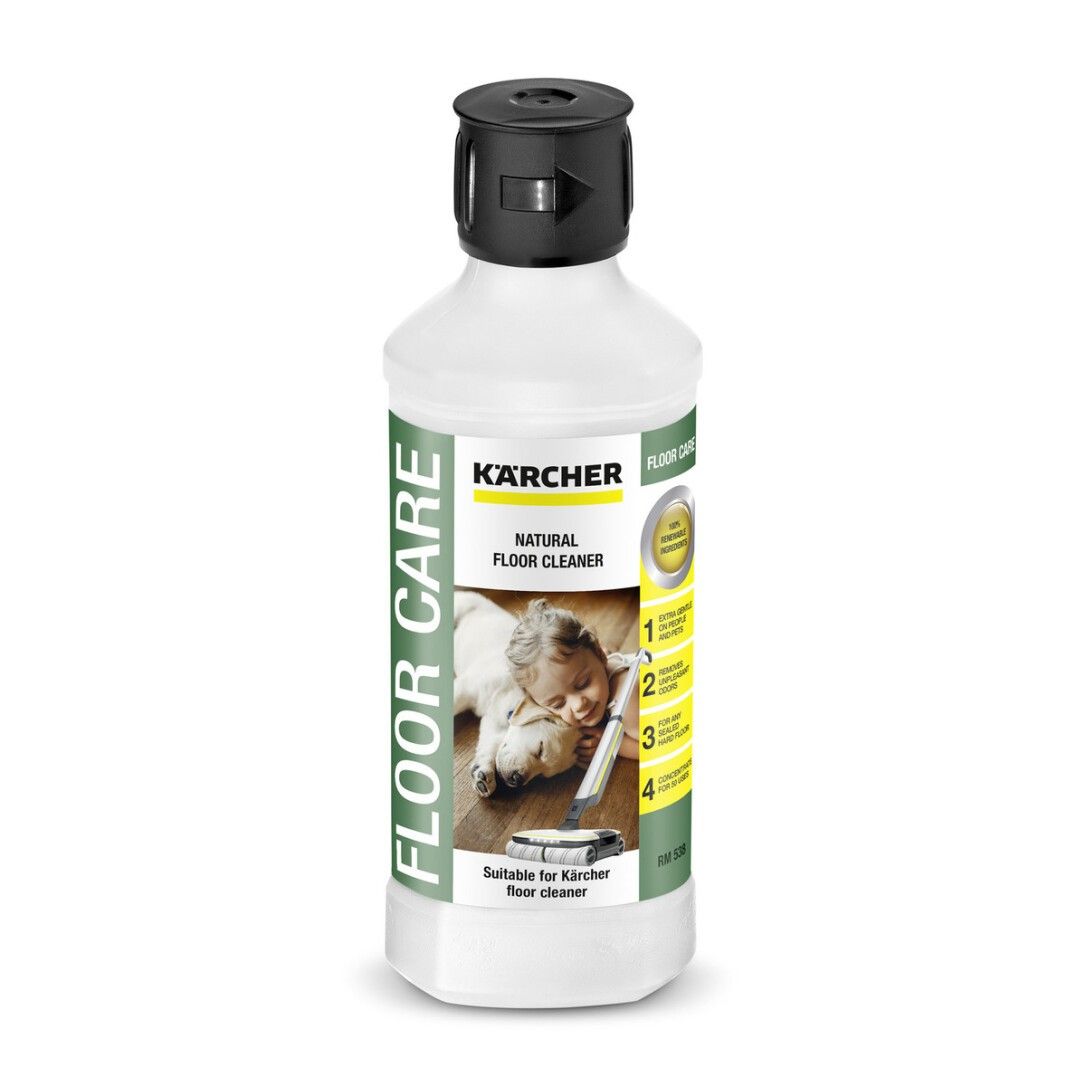 Weiße Flasche mit schwarzem Deckel. Kärcher Floor Care Natural Floor Cleaner. Aufkleber mit Kind, Hund und Reinigungsgerät.