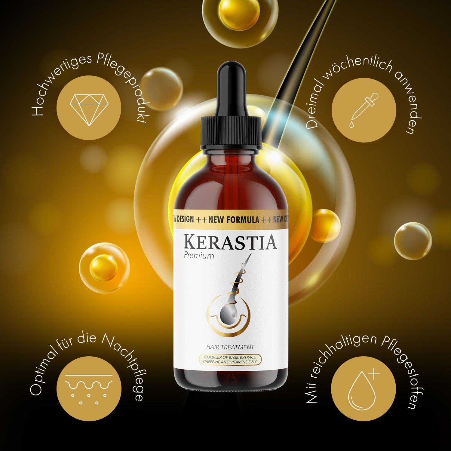 Braune Glasflasche mit Pipette. Aufschrift: KERASTIA Premium. Umgeben von goldenen Elementen und Text.