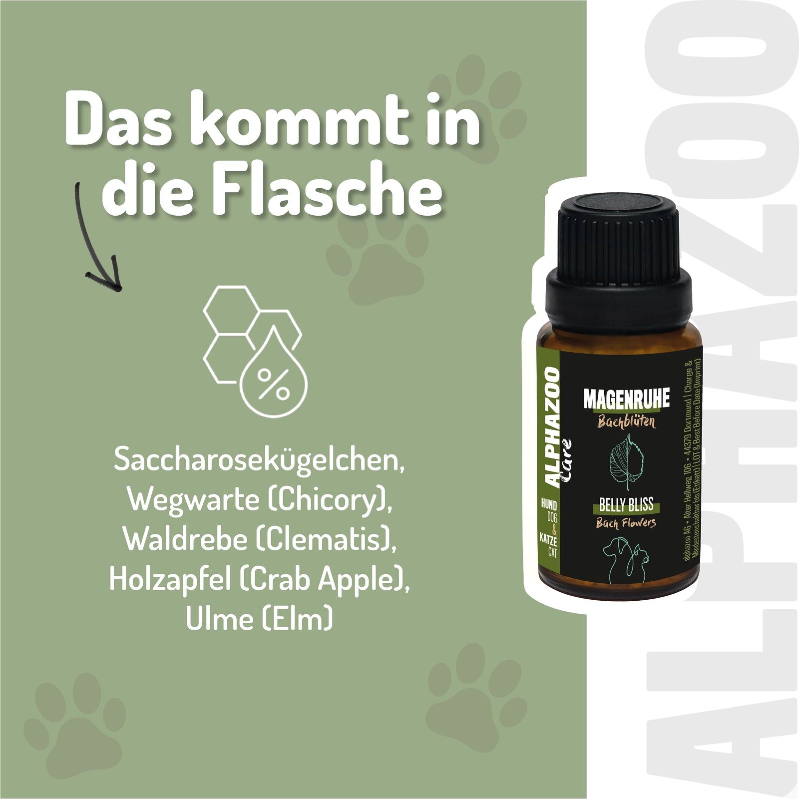 Flasche mit Globuli für Hunde und Katzen. Enthält Saccharosekügelchen, Wegwarte, Waldrebe, Holzapfel, Ulme.