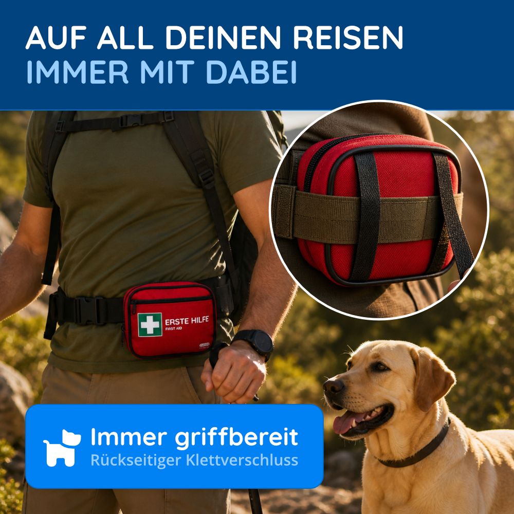 Rotes Erste-Hilfe-Set am Gürtel eines Mannes. Hund neben ihm. Text: Immer griffbereit. Rückseitiger Klettverschluss.