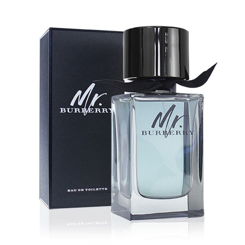 Burberry Mr. Burberry Edt Spray. Rechteckiger Flakon mit schwarzem Verschluss und Schleife. Schwarze Verpackung mit Logo.
