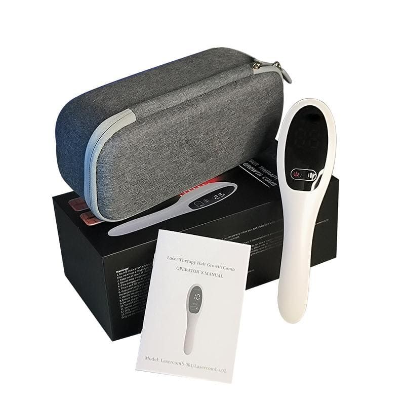 Ein Laser-Haarwuchskamm mit Zubehör: Reiseetui, Ladebox und Bedienungsanleitung auf schwarzem Karton.