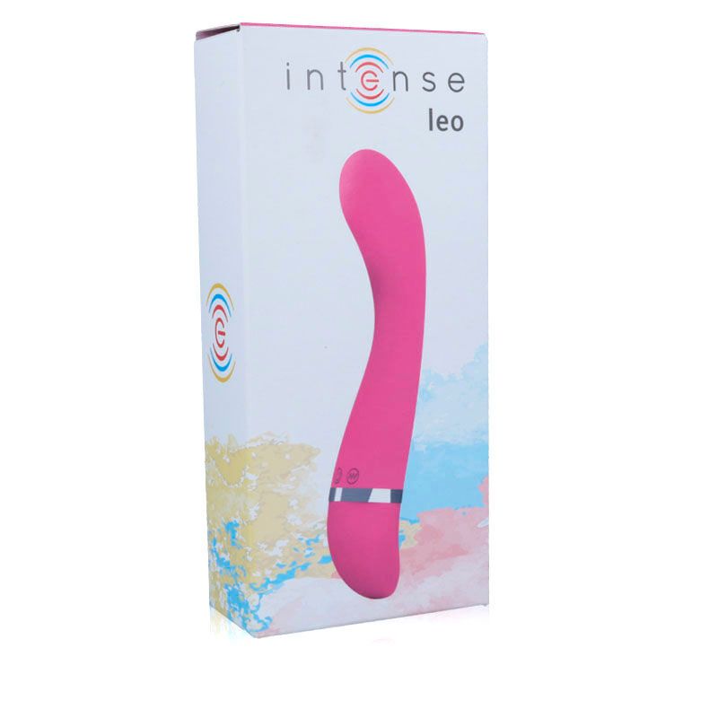 Produktverpackung. Rosa Vibrator in einer weißen Box. Aufschrift 'intense leo'. Abgebildet ist der Vibrator.