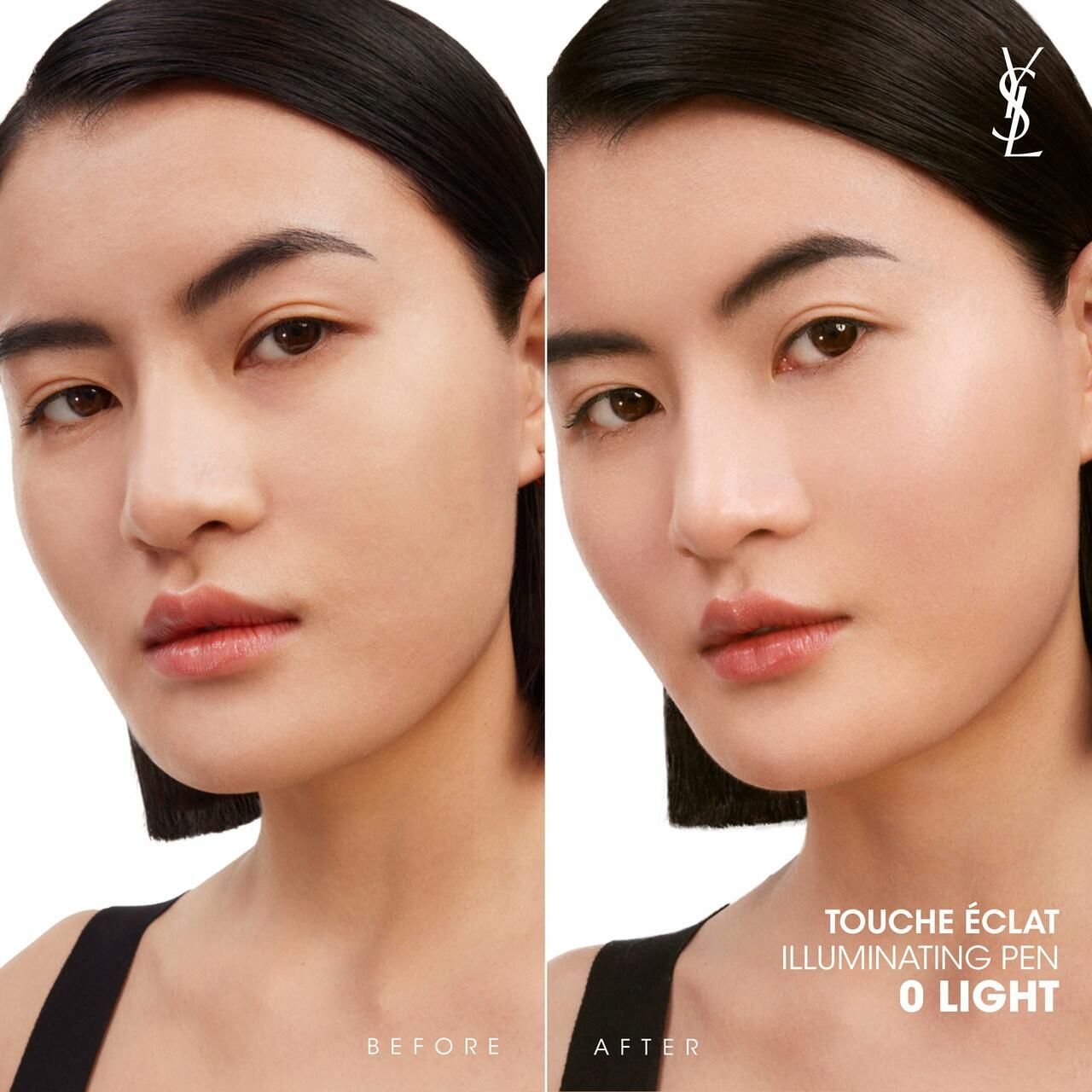 Vorher-Nachher-Vergleich. Frau mit Make-up. Text: Touche Éclat Illuminating Pen 0 Light.