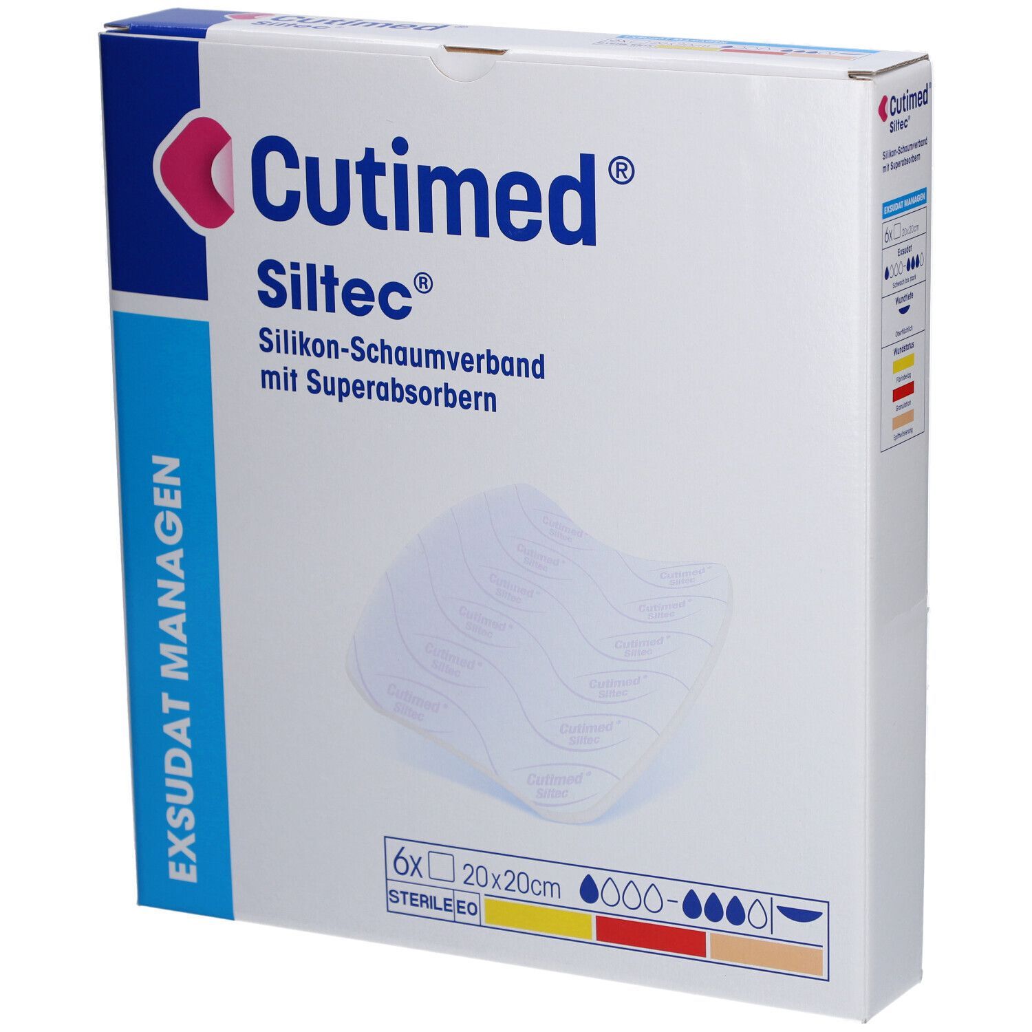 Verpackung von Cutimed Siltec, Silikon-Schaumverband. Enthält 6 Stück, 20x20cm. Mit Superabsorbern. Steril.