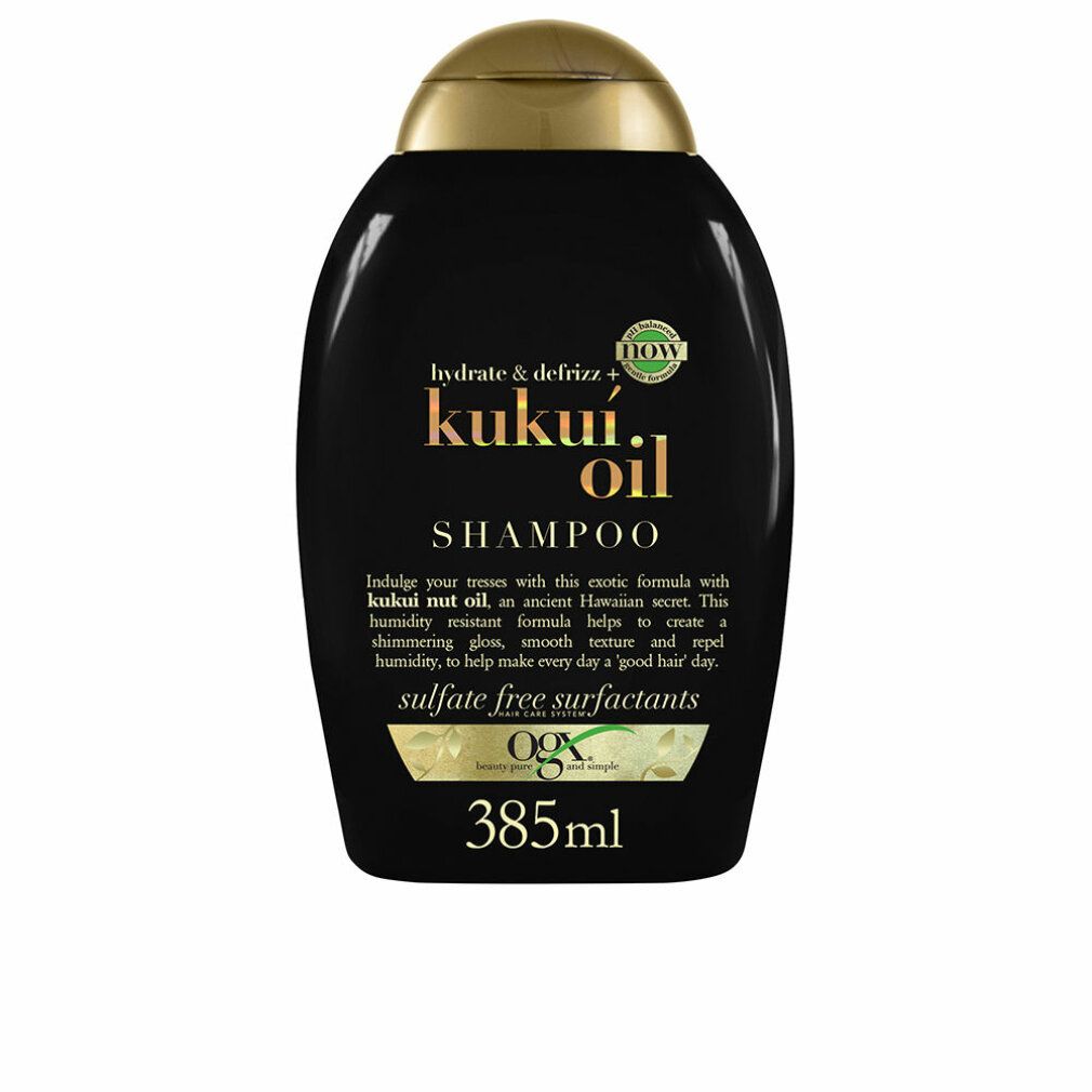 Schwarze Shampoo-Flasche mit goldfarbenem Deckel. Aufschrift: Kukui Oil Shampoo. Volumen: 385ml.