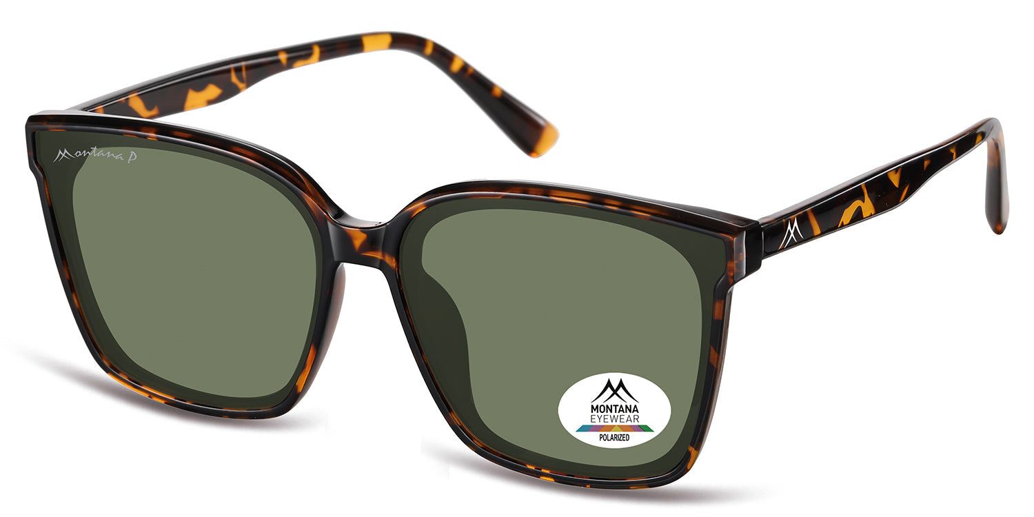 Sonnenbrille mit braunem Rahmen und grünen Gläsern. Das Logo "MONTANA EYEWEAR POLARIZED" ist auf einem Glas zu sehen.