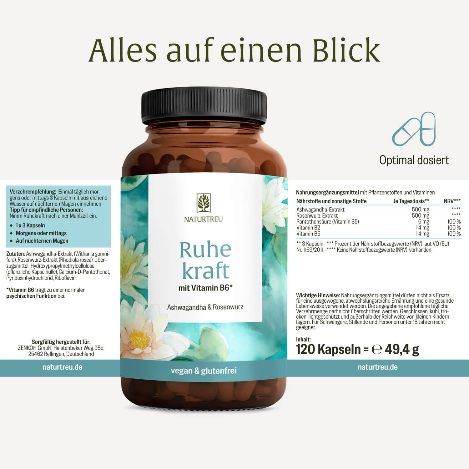 NATURTREU RUHEKRAFT Flasche mit detaillierten Informationen zu Nährstoffen und Dosierung.