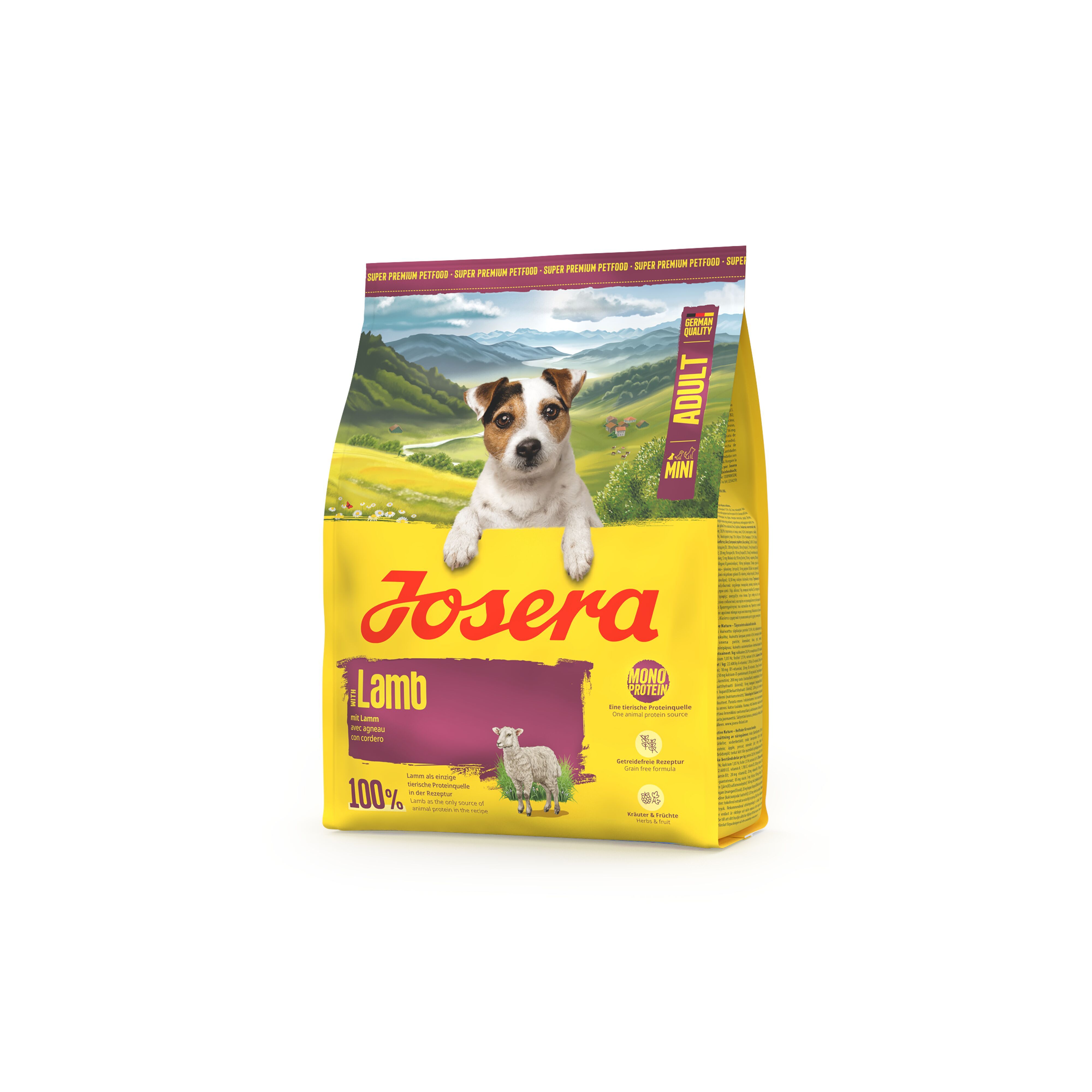Gelbe Verpackung mit "JOSERA"-Logo und Produktname "Lamb". Abbildung eines Hundes und Schafes. Text: "Mini Adult".