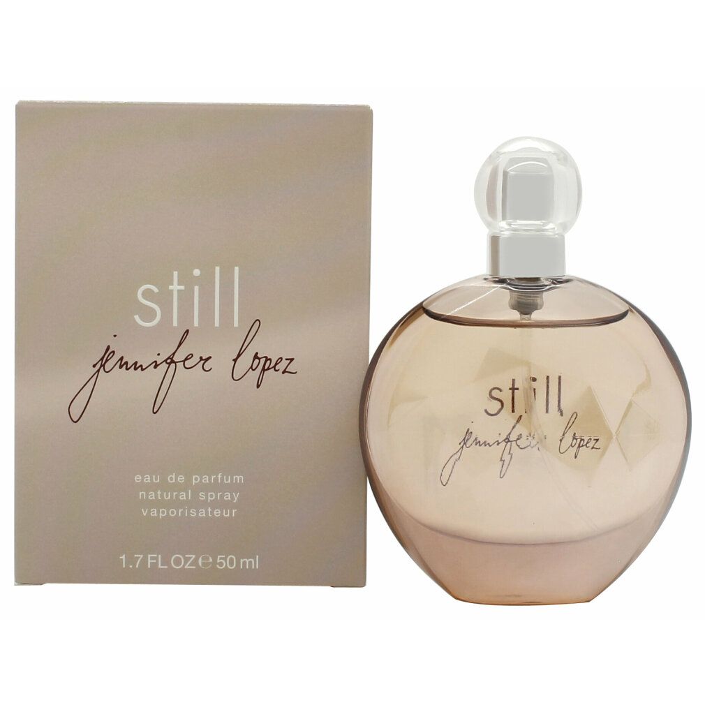 Parfümflakon und Schachtel. Flakon rund, hellbraun. Schachtel beige mit Schriftzug "still jennifer lopez".