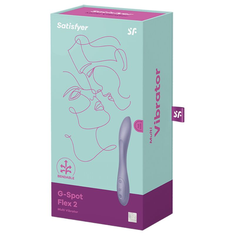 Verpackung von Satisfyer G-Spot Flex 2. Lila Vibrator-Abbildung. Text: G-Spot Flex 2, Multi Vibrator, Bendable.