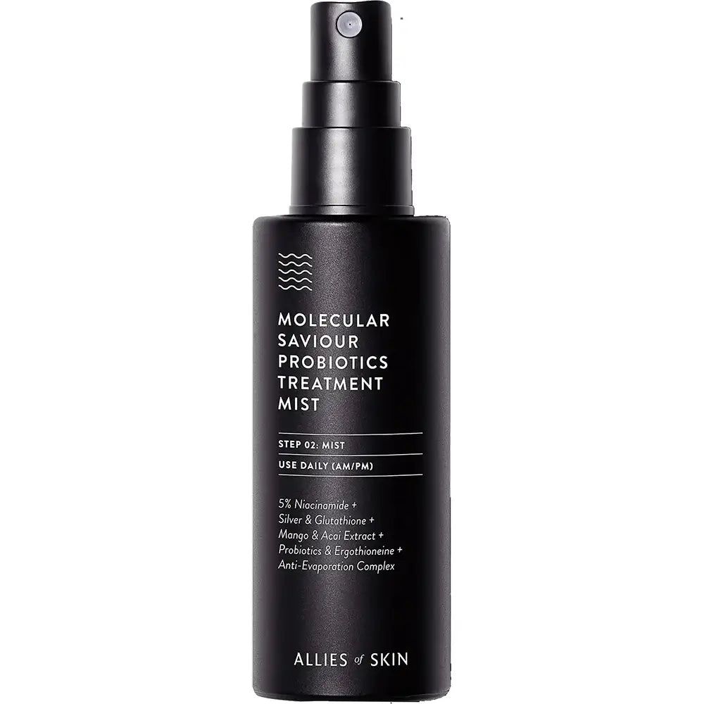 Schwarze Sprühflasche mit Text: Molecular Saviour Probiotics Treatment Mist. Enthält 5% Niacinamid, Silber, Glutathion, Mango-Extrakt.