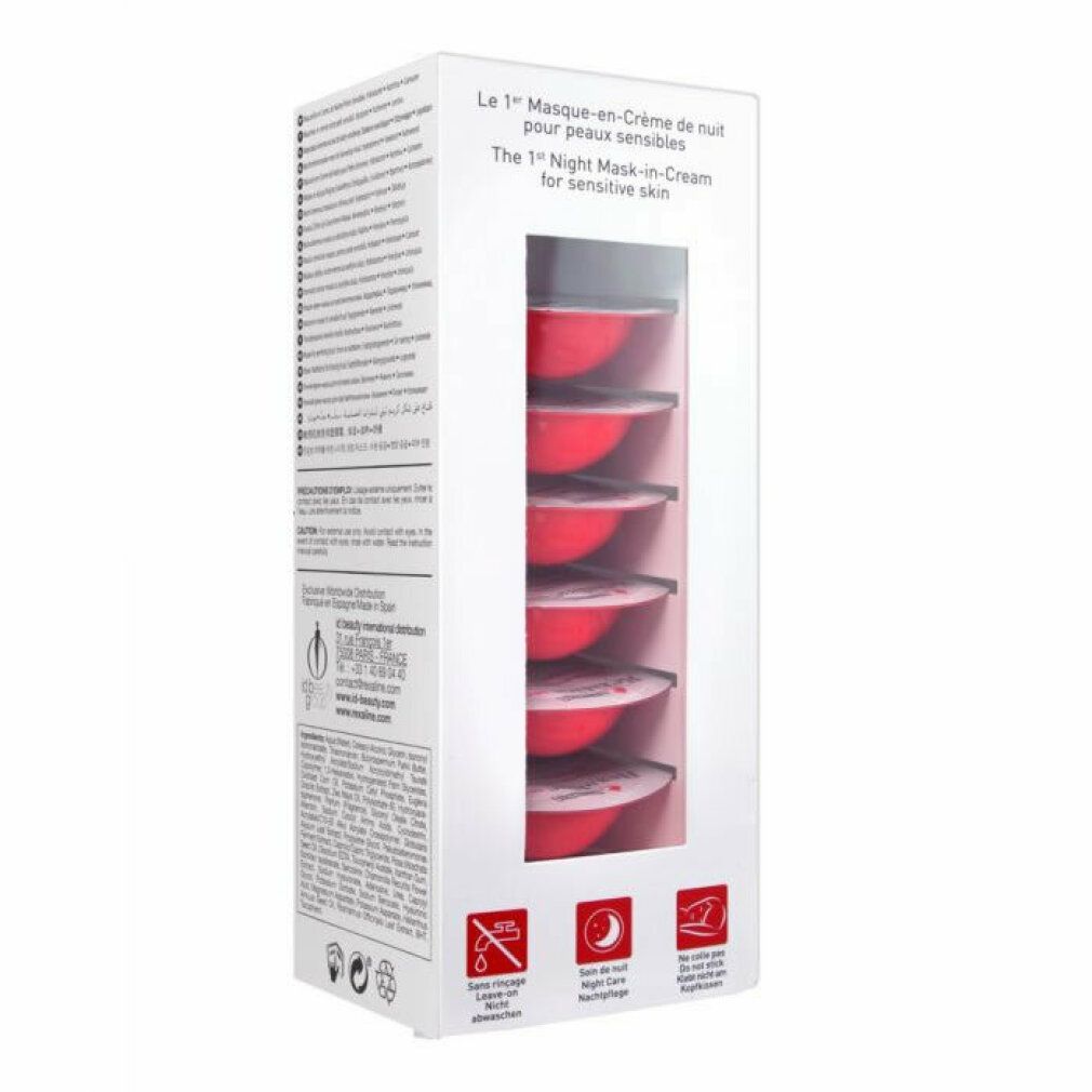 Verpackung mit sechs roten Masken-in-Creme-Kapseln. Sichtfenster zeigt die Kapseln. Text: The 1st Night Mask-in-Cream for sensitive skin.
