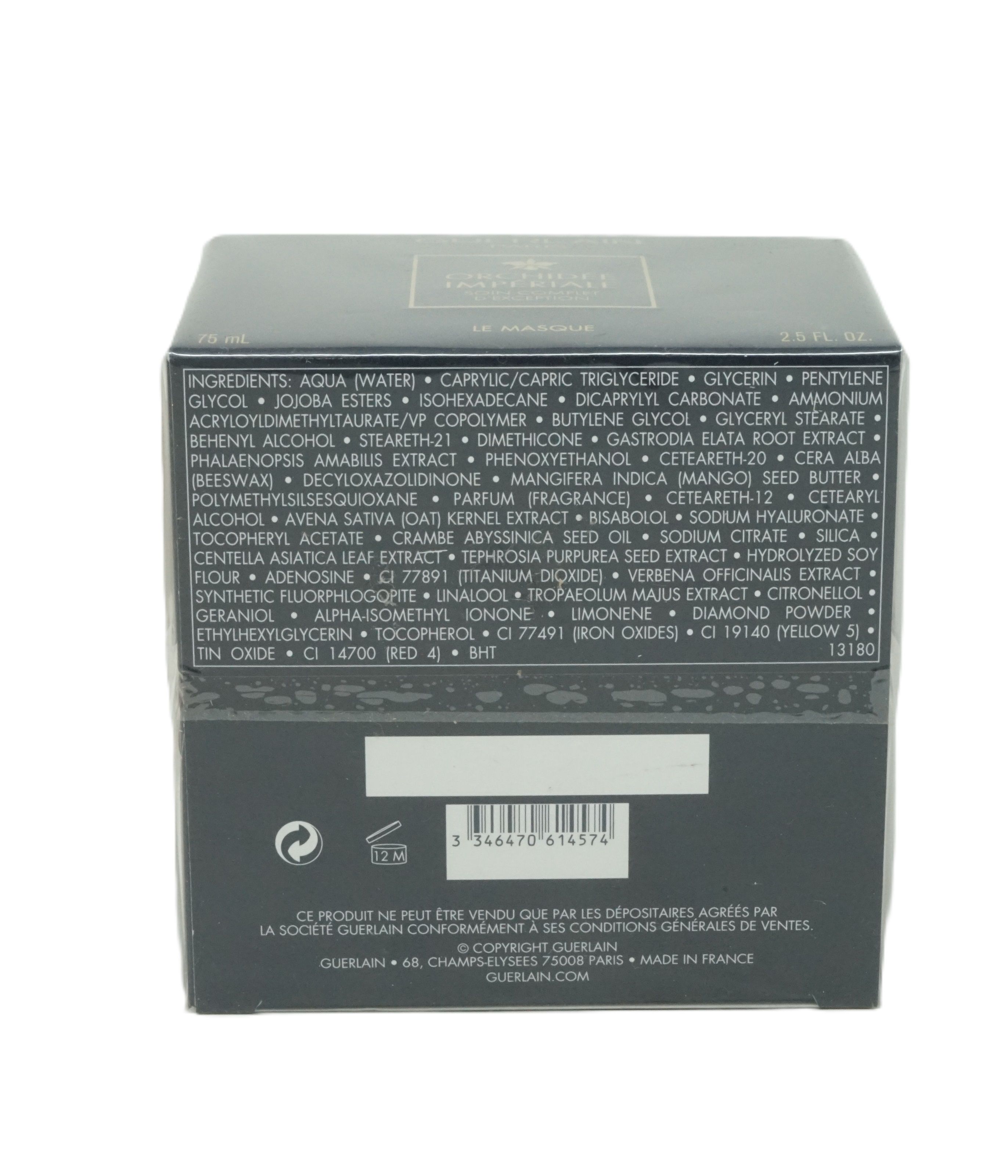 Rückseite der Schachtel mit Inhaltsstoffen und Informationen. Enthält Text, Strichcode und Logo. 75 ml und 2.5 FL. OZ. sind angegeben.
