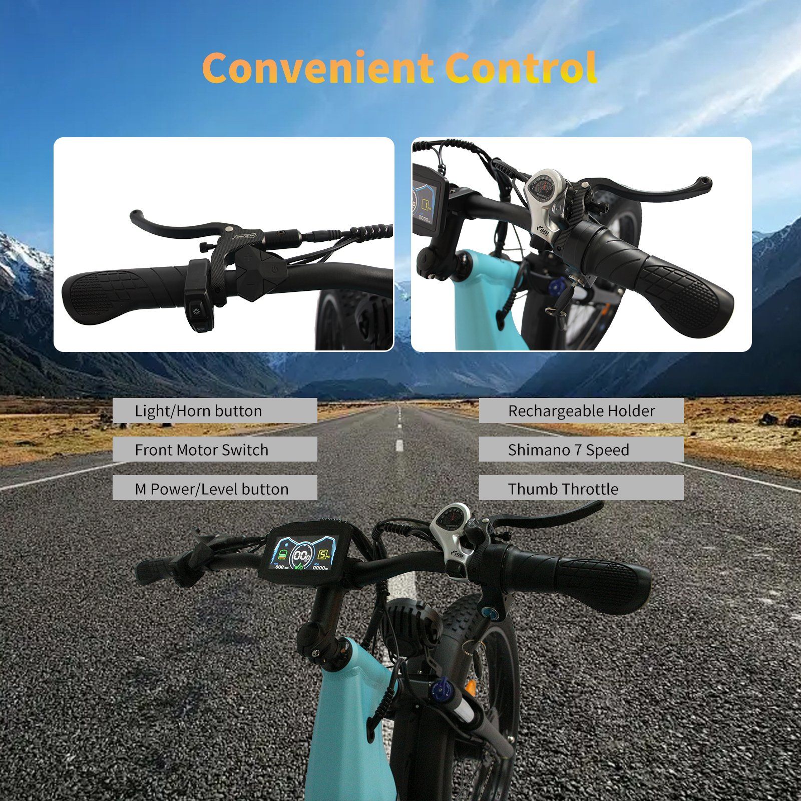 Nahaufnahme des Lenkers eines Elektrofahrrads. Beschriftungen: Light/Horn, Front Motor, M Power, Rechargeable Holder, Shimano 7 Speed, Thumb Throttle.