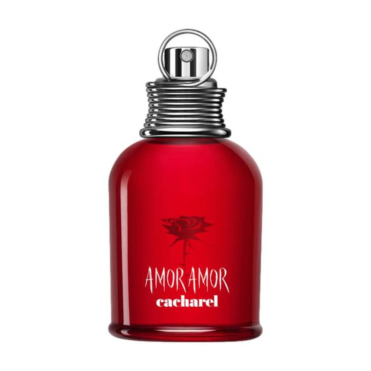 Roter Glasflakon mit silberfarbenem Verschluss. Aufschrift: AMOR AMOR, cacharel. Rose-Grafik.