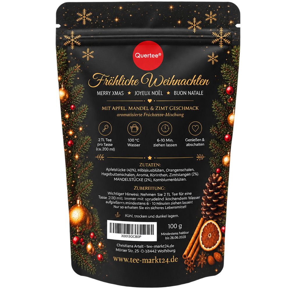 Quertee® - Weihnachtstee „Fröhliche Weihnachten“ – Früchtetee mit Apfel, Mandel & Zimt Geschmack