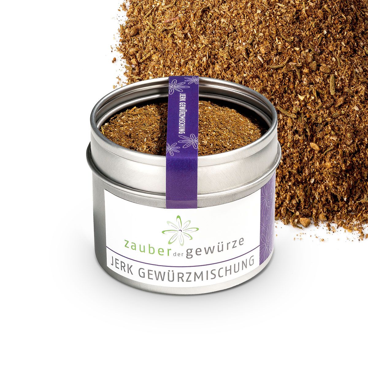Geöffnete Dose mit Gewürzmischung, daneben Gewürzstreusel. Aufkleber mit 'Zauber der Gewürze' und 'Jerk Gewürzmischung'.