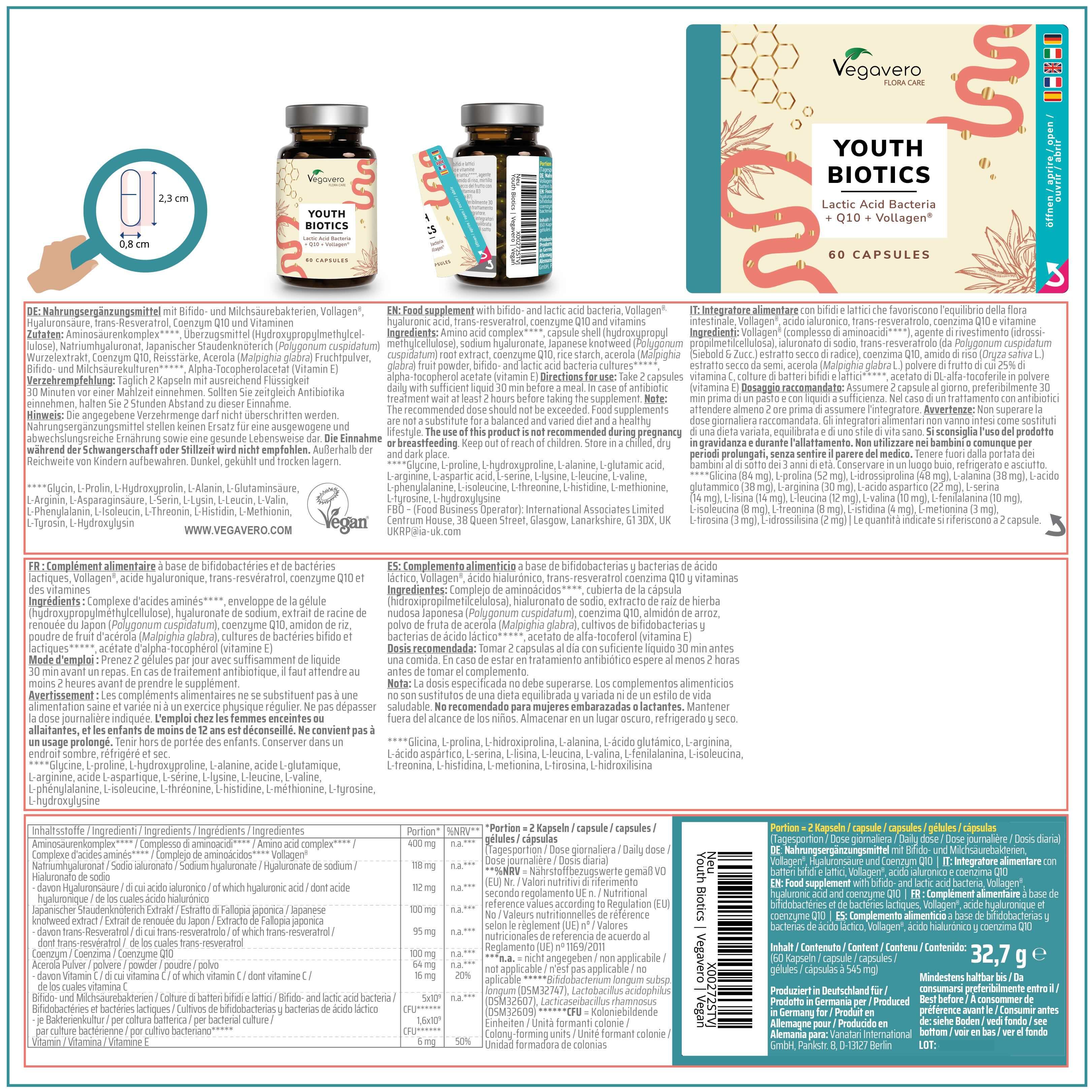 Produktverpackung mit Informationen. Enthält eine Flasche und eine Schachtel mit "Youth Biotics".