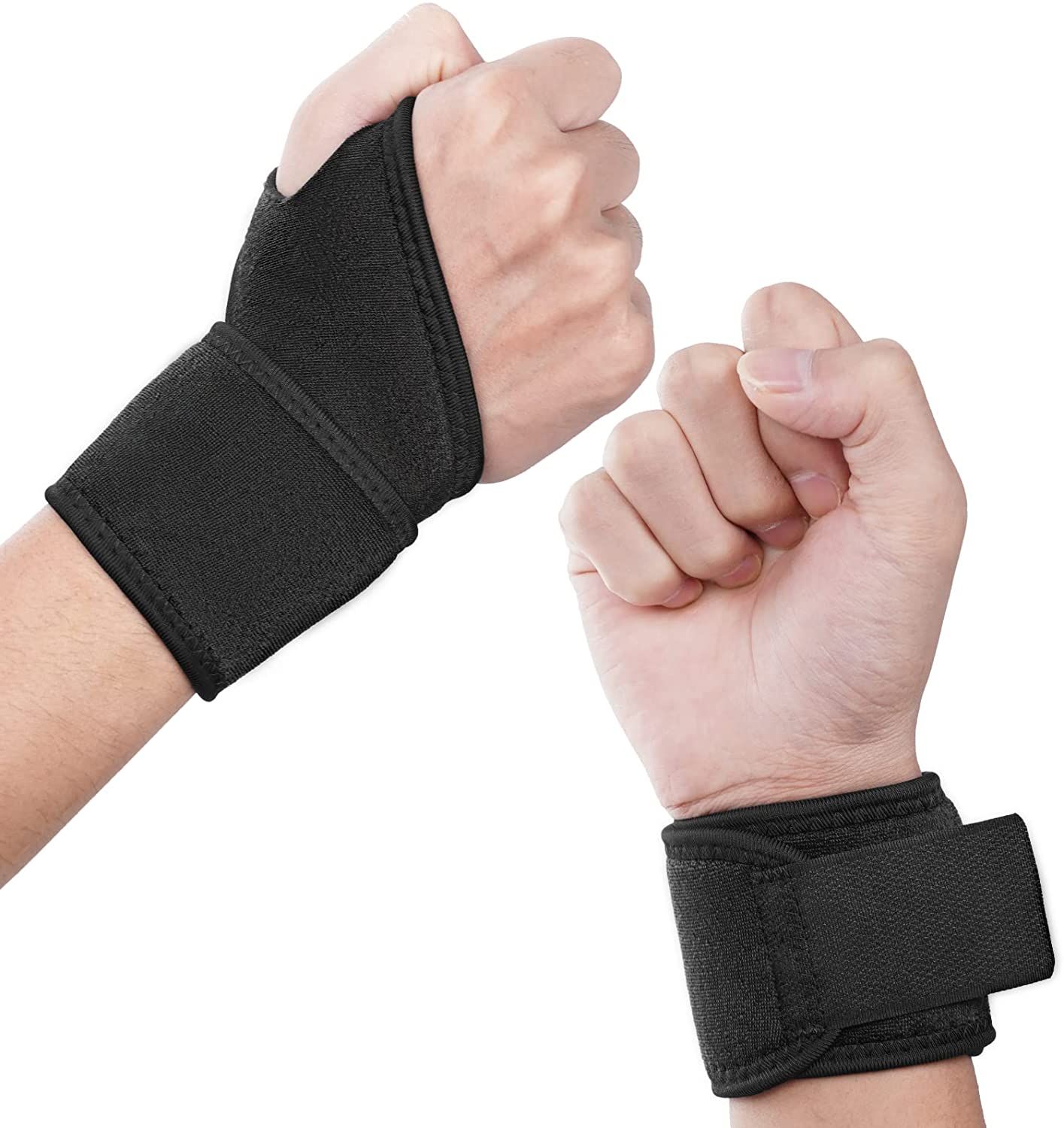 Zwei schwarze Handgelenkbandagen. Eine am Handgelenk mit Klettverschluss, die andere am Handgelenk mit einem offenen Daumenbereich.