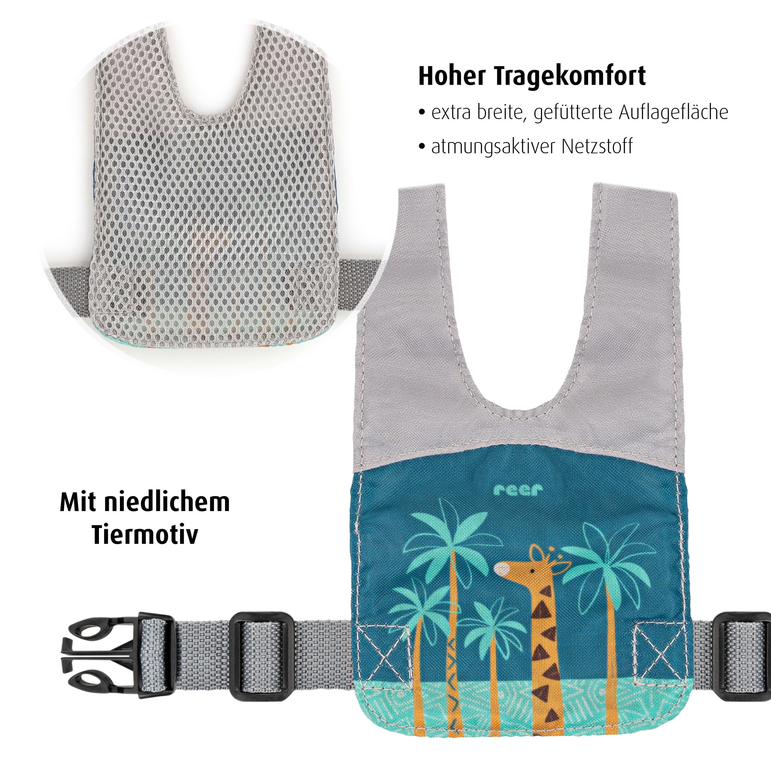 Reer TravelKid Go Kinder-Lauf- und Sicherheitsgurt mit Giraffenmotiv und verstellbarem Gurt.