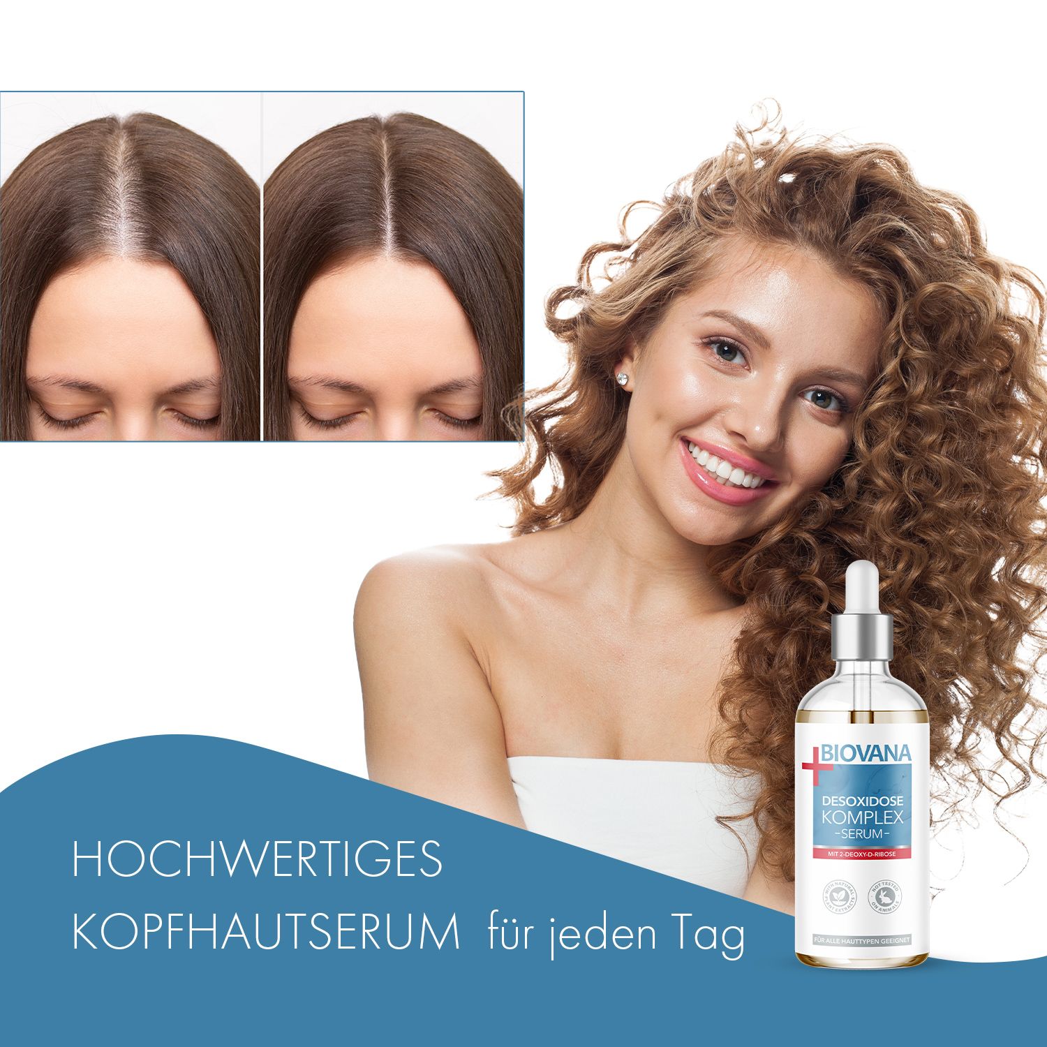 Frau mit Serumflasche. Aufschrift: Biovana Desoxidose Komplex Serum. Hochwertiges Kopfhautserum für jeden Tag.