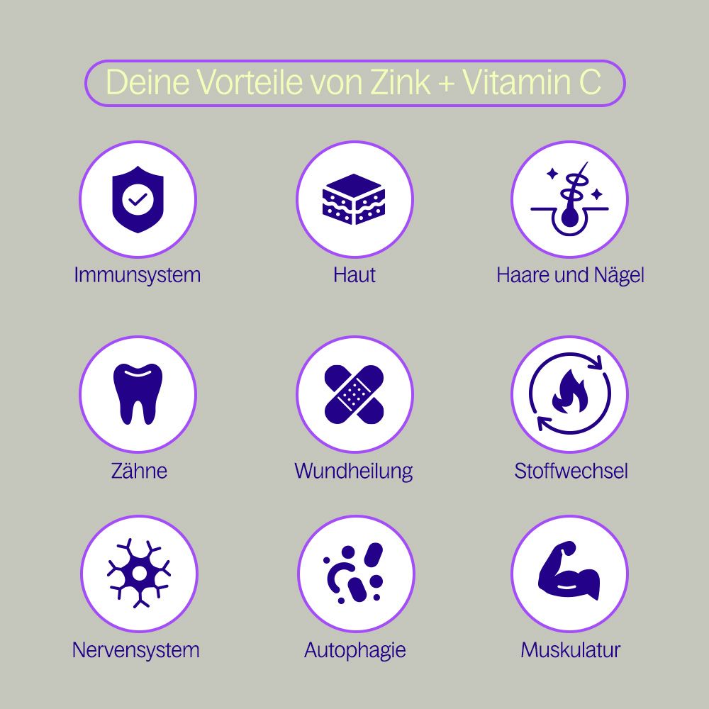 Grafik mit Icons und Text: Immunsystem, Haut, Haare und Nägel, Zähne, Wundheilung, Stoffwechsel, Nervensystem, Autophagie, Muskulatur.
