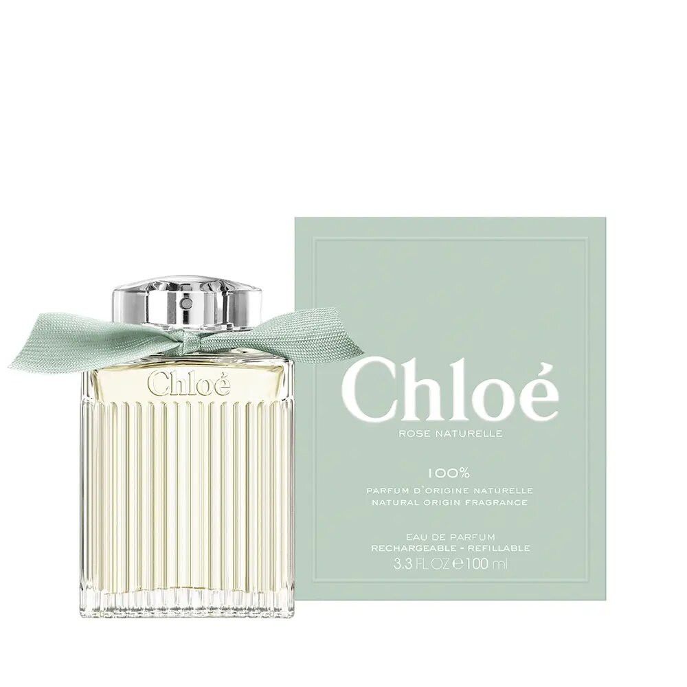 Chloé Rose Naturelle E.d.P. Nat. Spray Refillable. Flakon mit grünem Band und Verpackung. Text: Chloé, 100%.